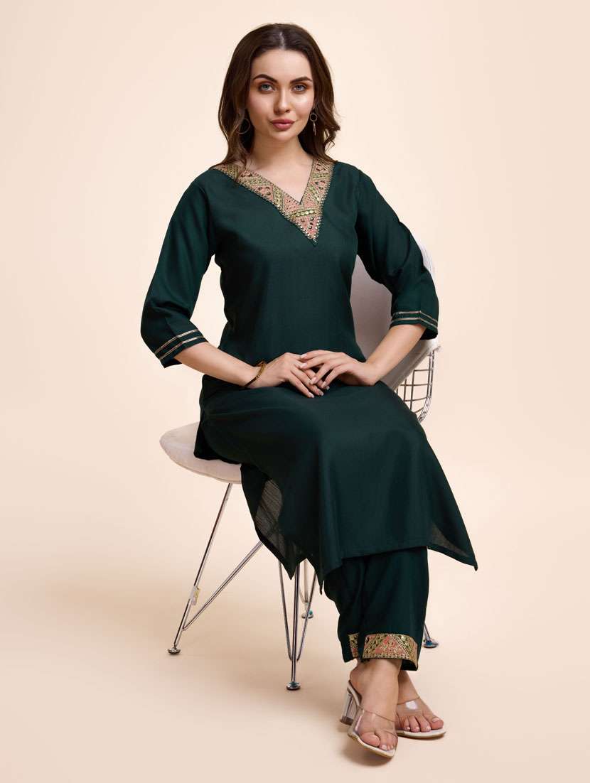 women green v neck kurta pant set - 21238051 -  Standard Image - 3