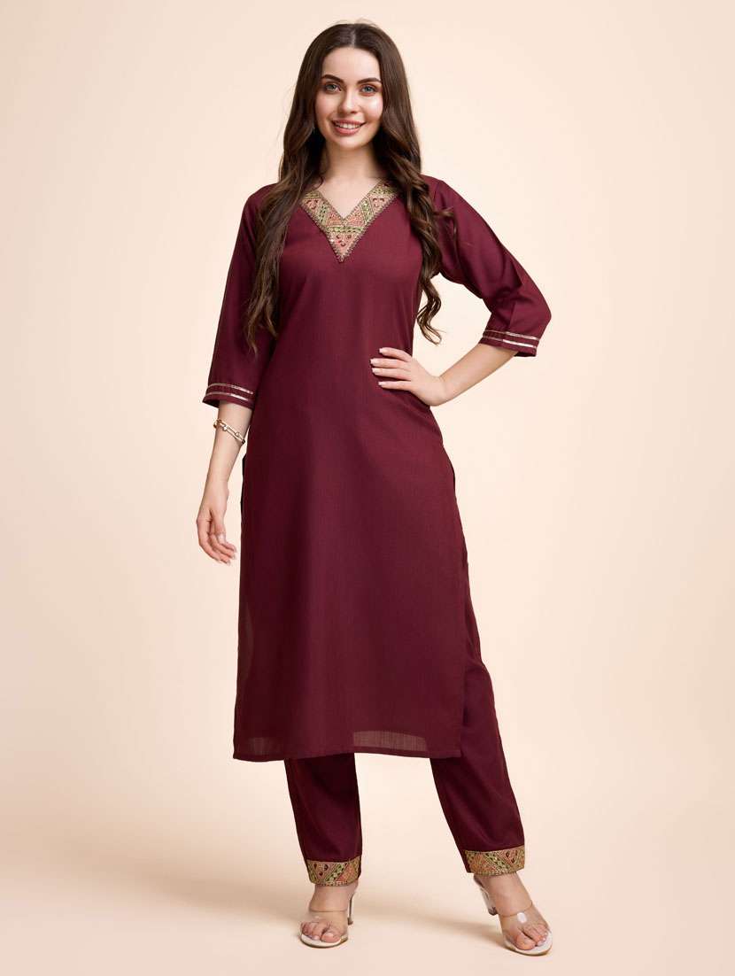women maroon solid  kurta pant set