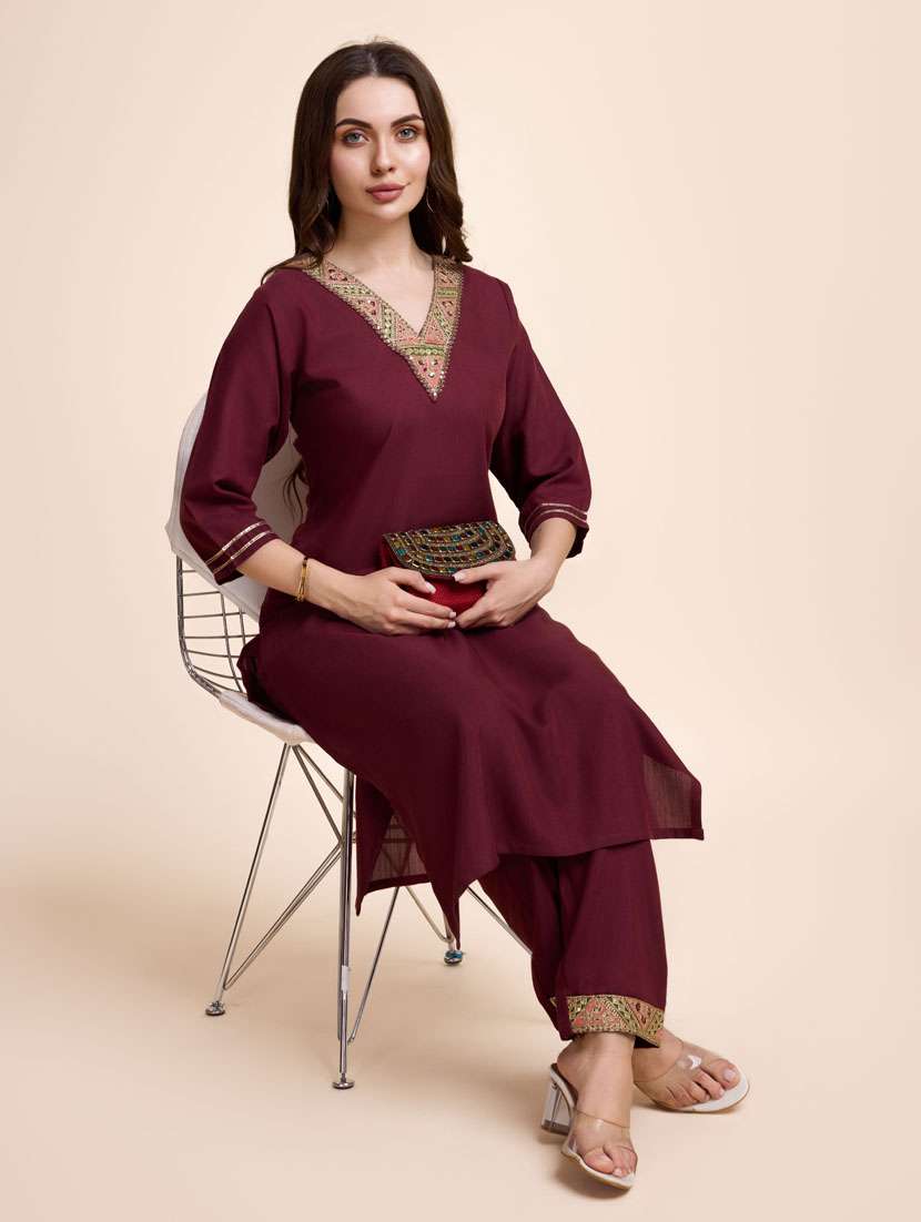 women maroon solid  kurta pant set - 21238052 -  Standard Image - 3