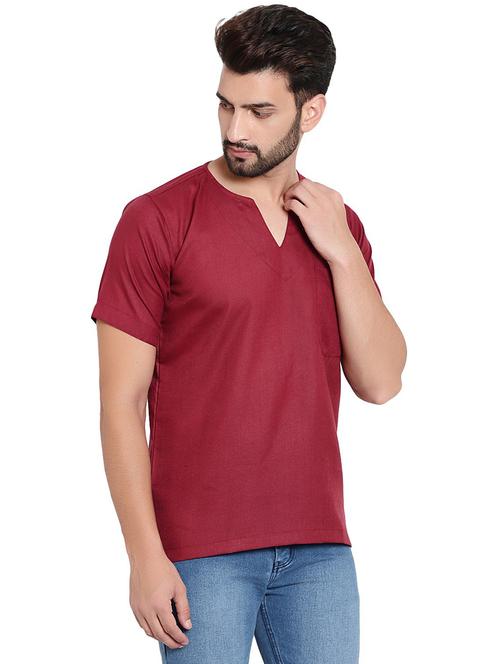 maroon cotton blend short kurta - 21238444 -  Standard Image - 0