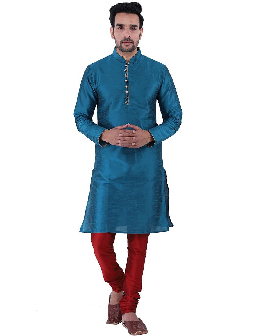 teal blue dupion kurta churidar ethnic wear set - 21238512 -  Zoom Image - 0