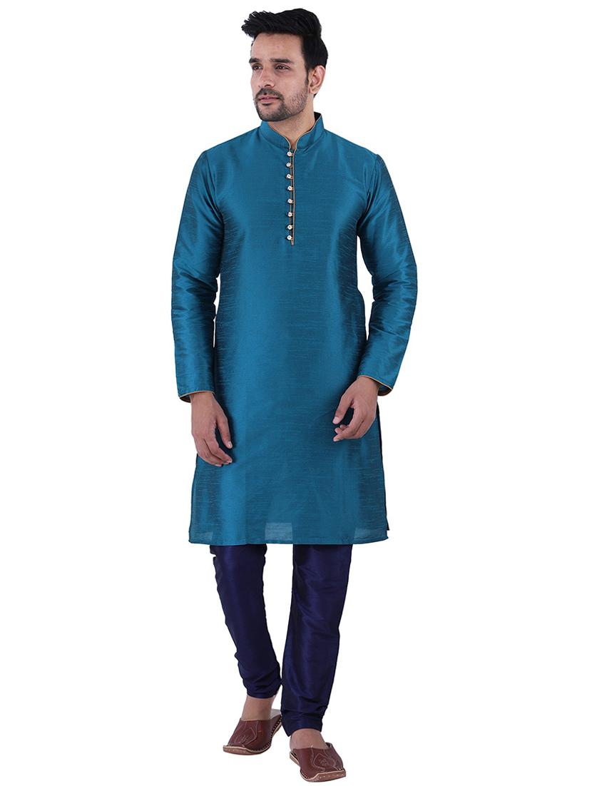 teal blue dupion kurta churidar ethnic wear set - 21238513 - Zoom Image - 0