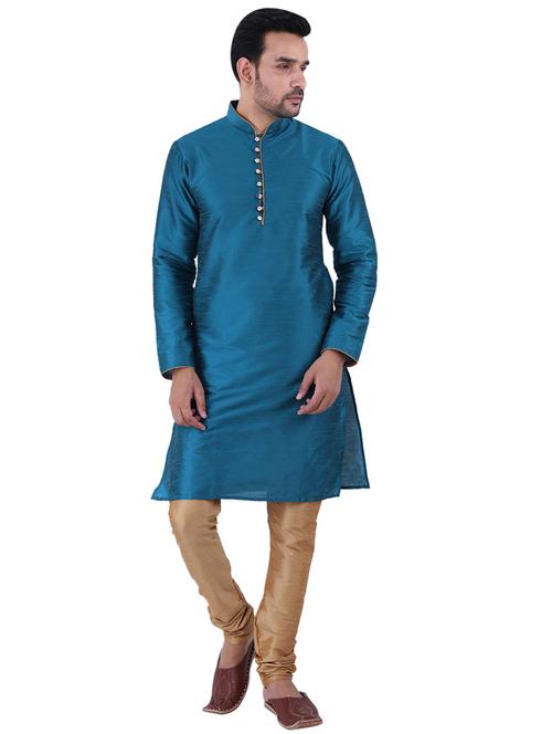 teal blue dupion kurta churidar ethnic wear set - 21238514 - Standard Image - 0