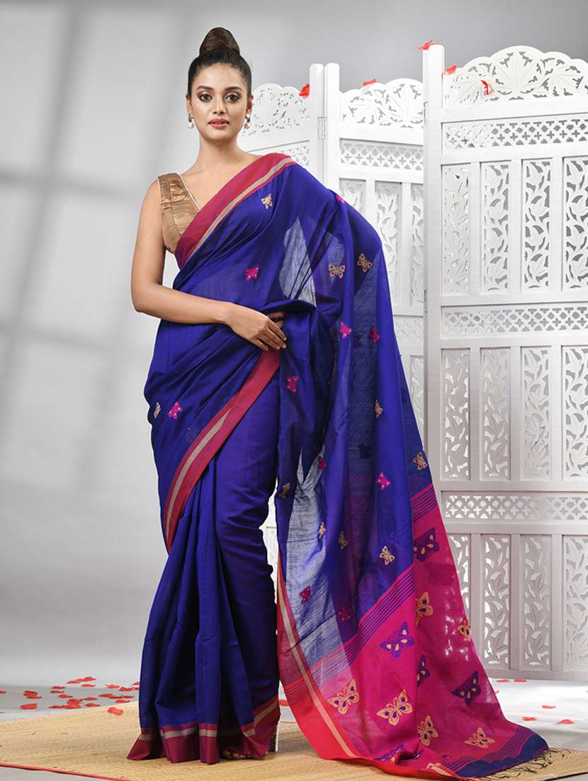 blue linen handloom saree with blouse
