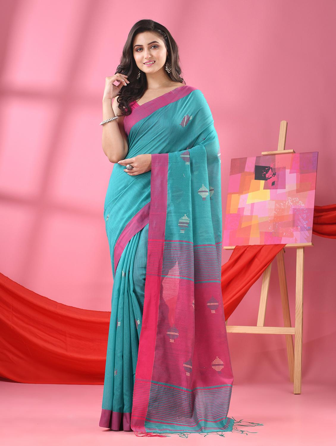 teal cotton blend handloom saree with blouse - 21240617 - Zoom Image - 0