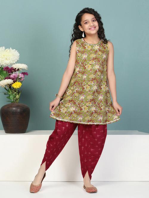 olive cotton blend kurta salwar set - 21242735 - Standard Image - 0