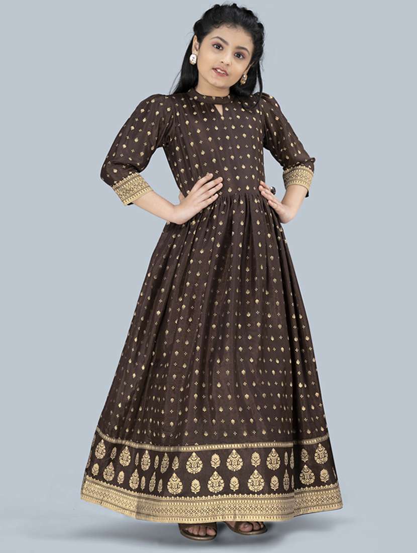 girls round neck printed party gown