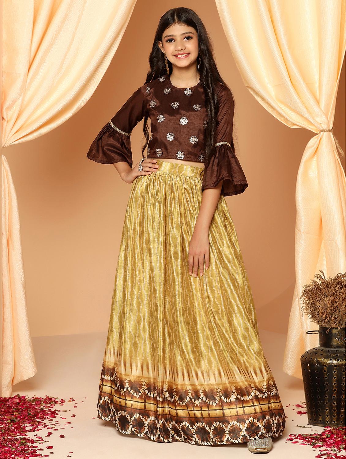 girls brown round neck lehenga choli