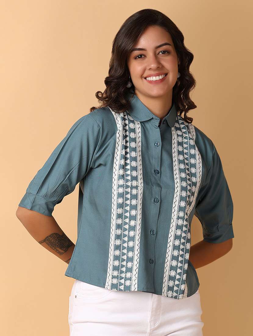 women blue cotton regular top