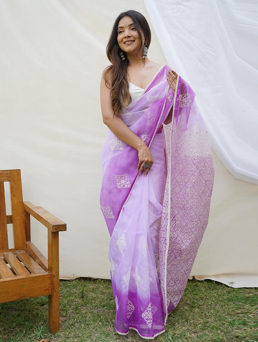 lavender organza embroidered saree with blouse - 21244514 - Zoom Image - 0