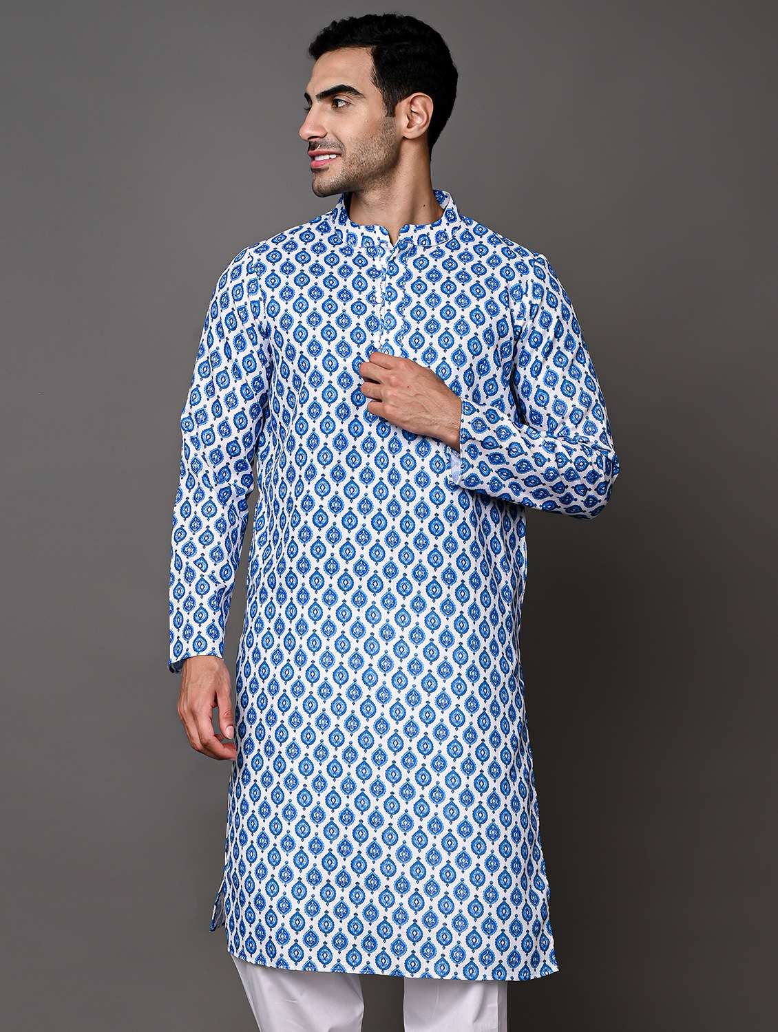 men mandarin neck printed long kurta