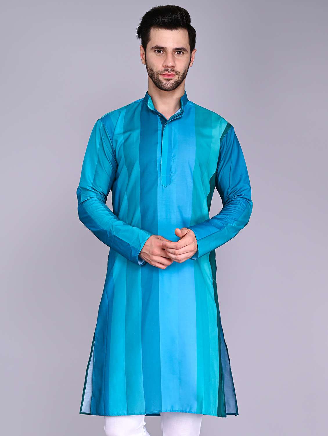 men mandarin neck striped long kurta