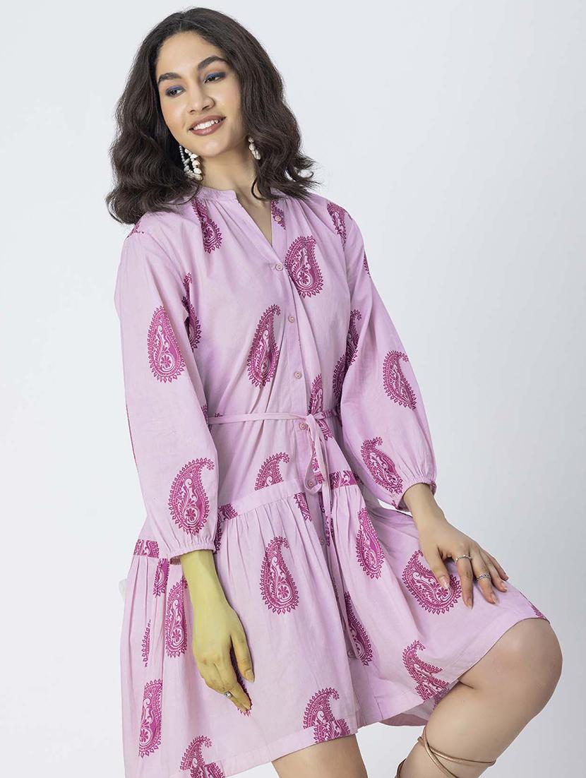 women printed mandrain neck dress - 21246925 - Standard Image - 5