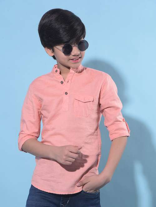 boys peach solid long sleeve kurta - 21247099 - Standard Image - 0