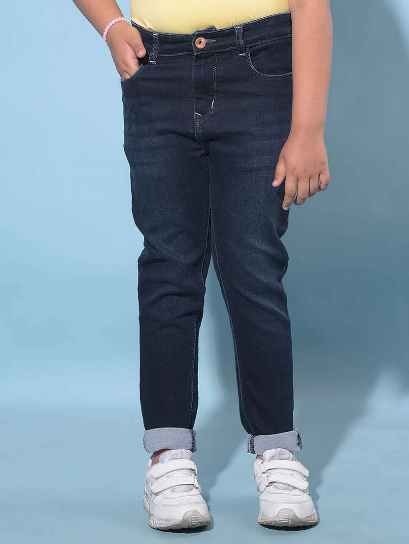 blue cotton blend plain jeans