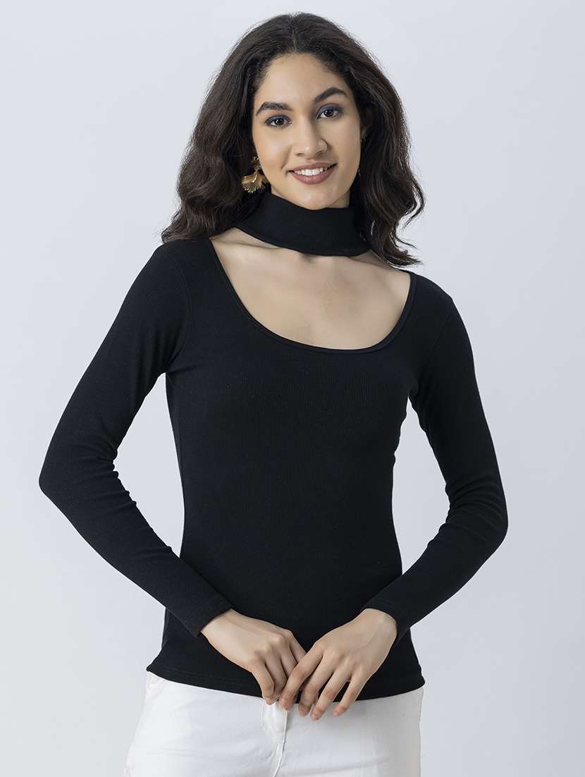 women solid long sleeves choker regular top