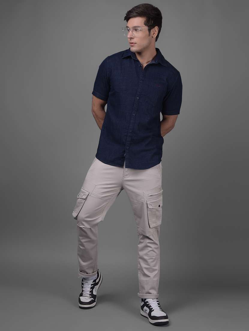 men navy blue slim fit solid short sleeve casual shirt - 21247534 -  Standard Image - 3