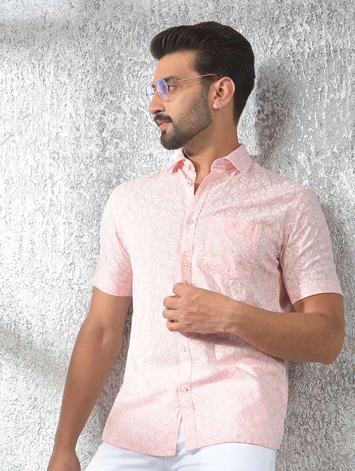 men pink short sleeve printed casual shirt - 21247538 - Standard Image - 0