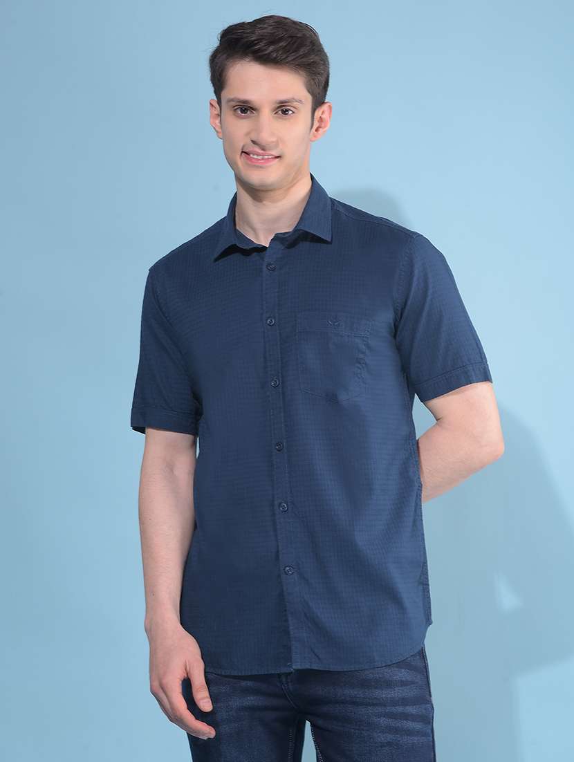 navy blue cotton blend casual shirt