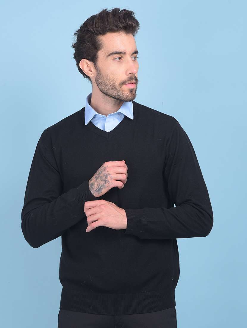 men v-neck solid pullover