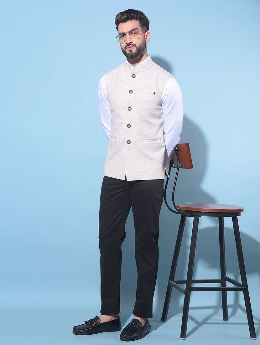beige solid classic waist coat - 21247961 - Standard Image - 3