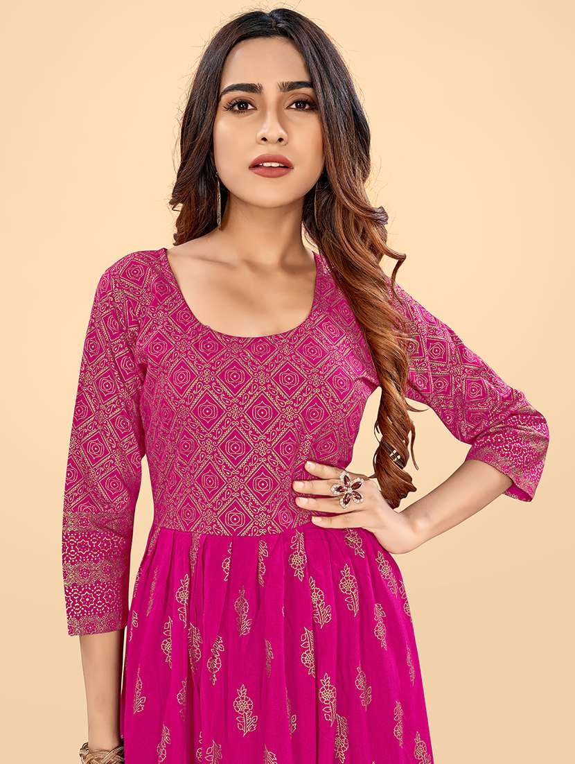 women round neck foil printed a-line ethnic dress - 21252319 -  Standard Image - 3