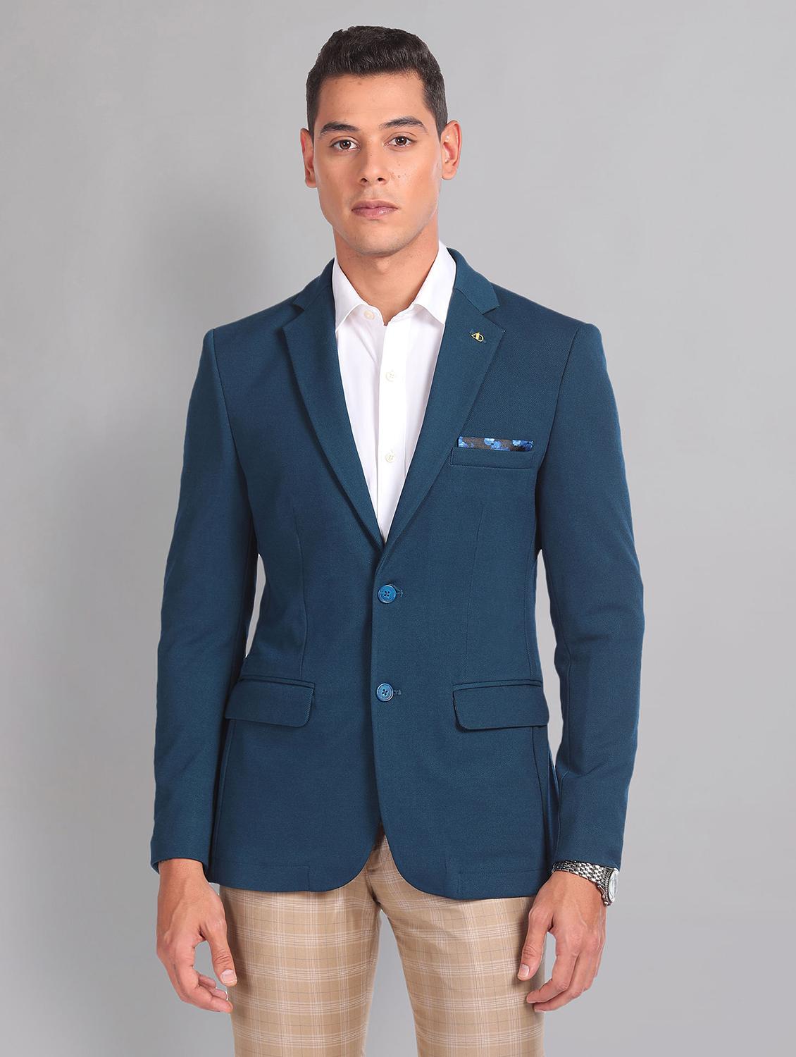 men teal solid single breasted formal blazer - 21252802 -  Zoom Image - 0