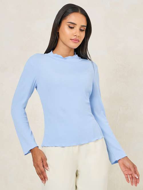 women solid mock neck long sleeves top - 21253329 -  Standard Image - 0