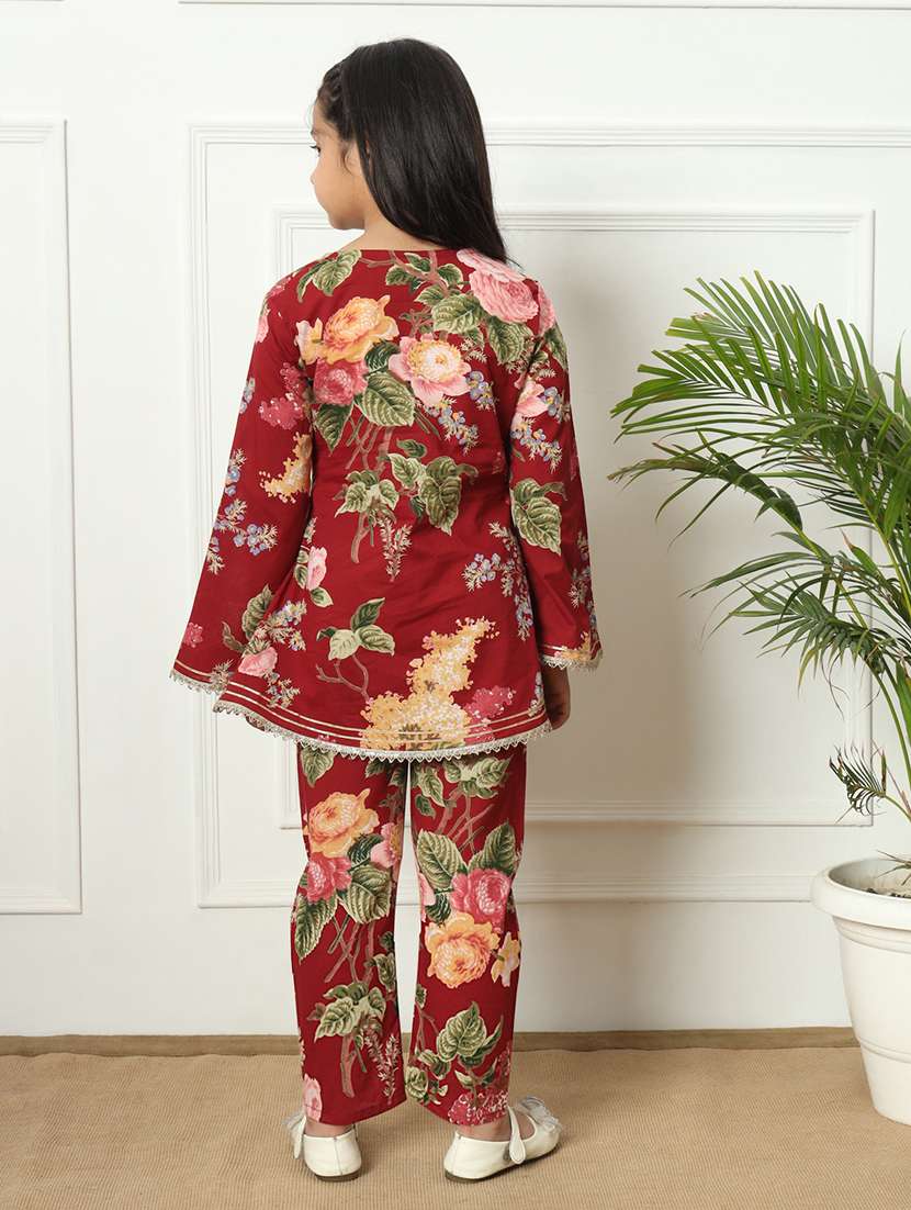 girls printed cotton kurta palazzo suit set - 21254050 -  Standard Image - 3