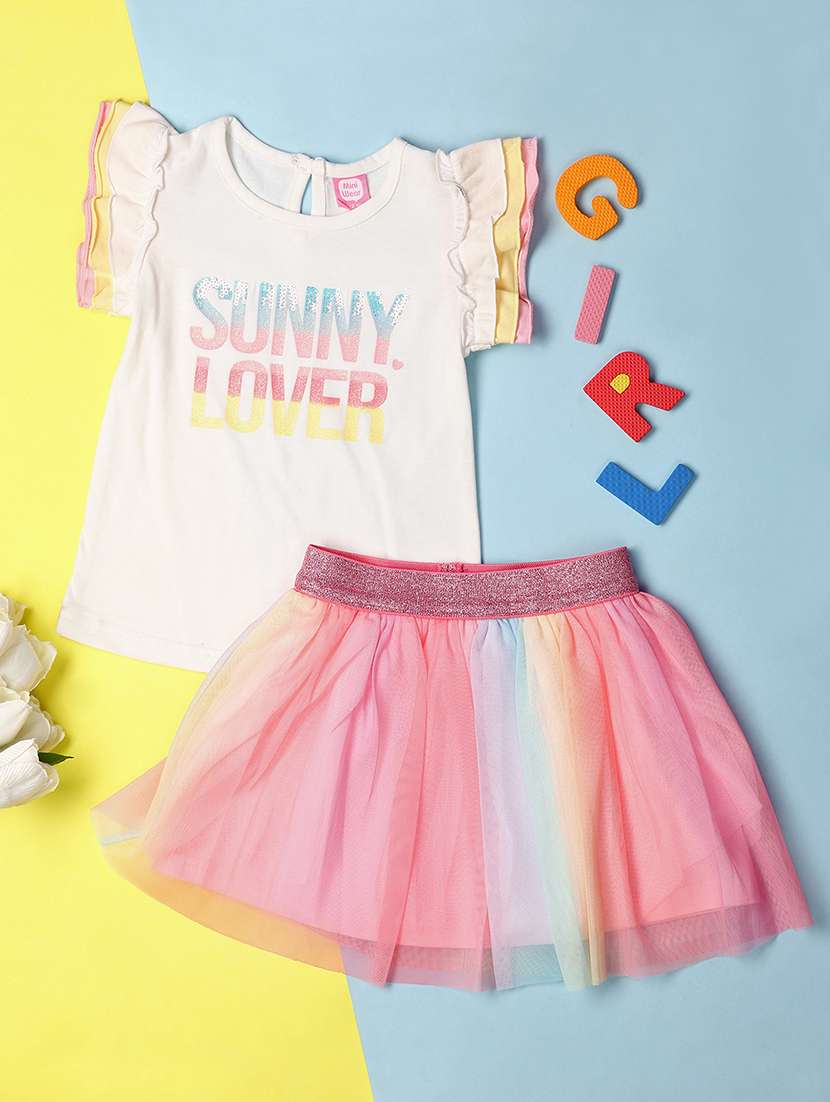 girls white self-designed skirt top set