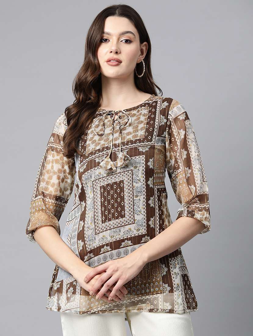 women brown regular fit printed tie up neck top