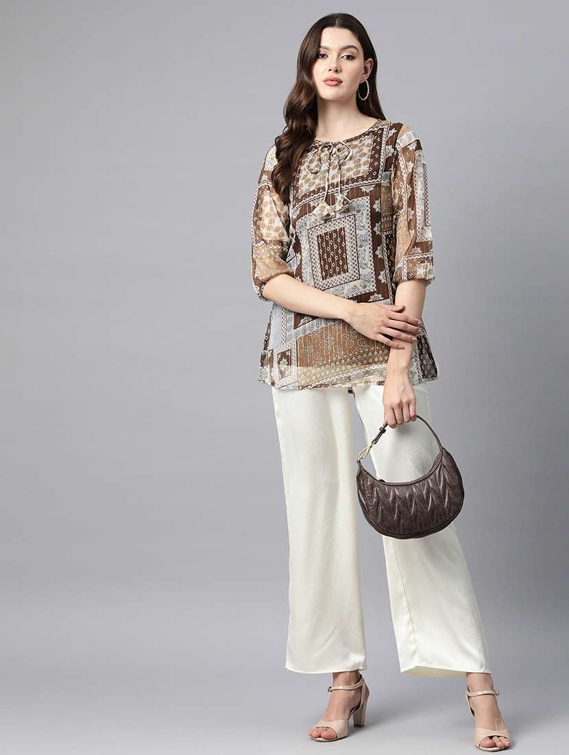 women brown regular fit printed tie up neck top - 21255022 -  Standard Image - 3