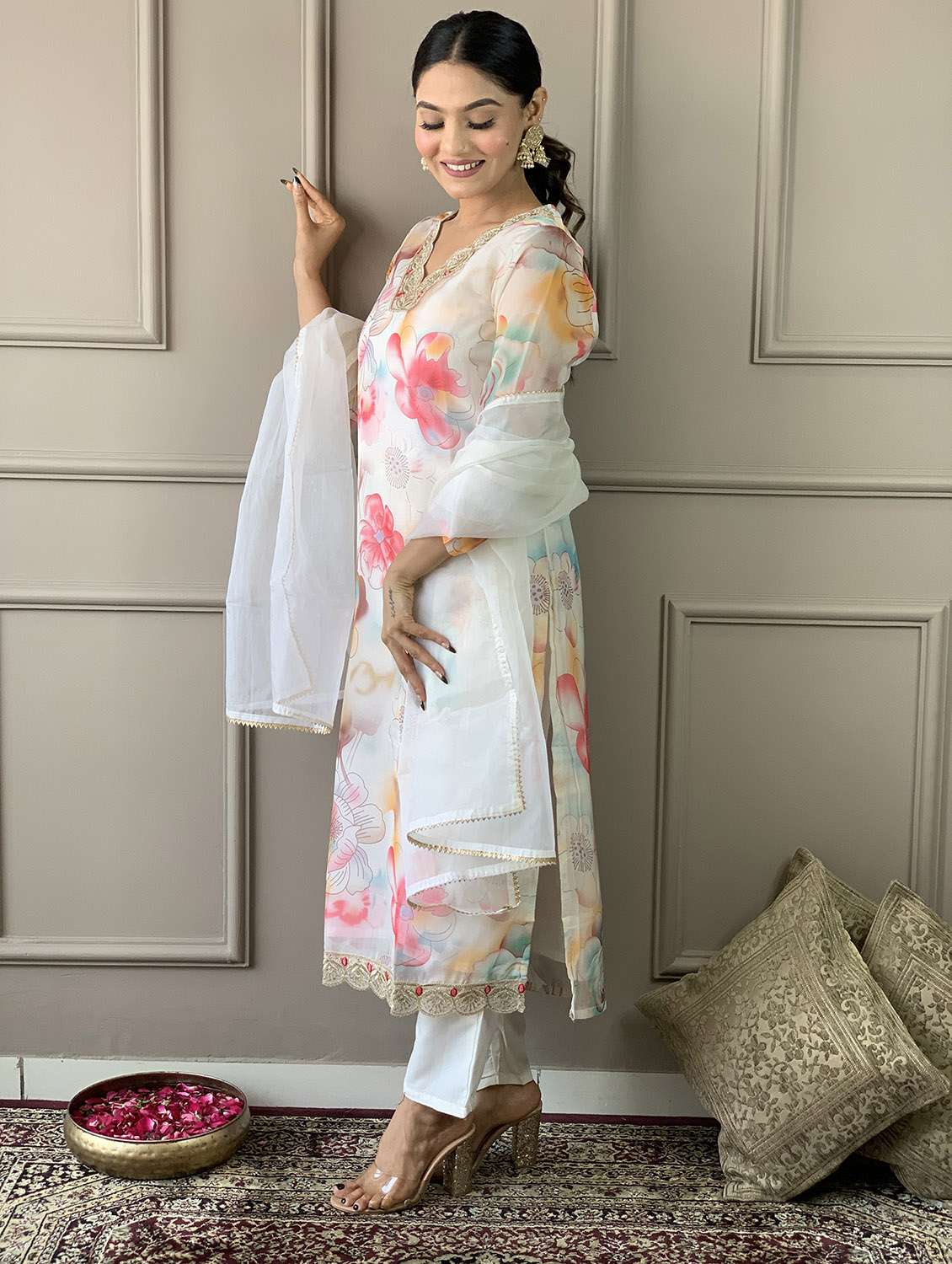 off white organza straight kurta - 21255757 - Standard Image - 3