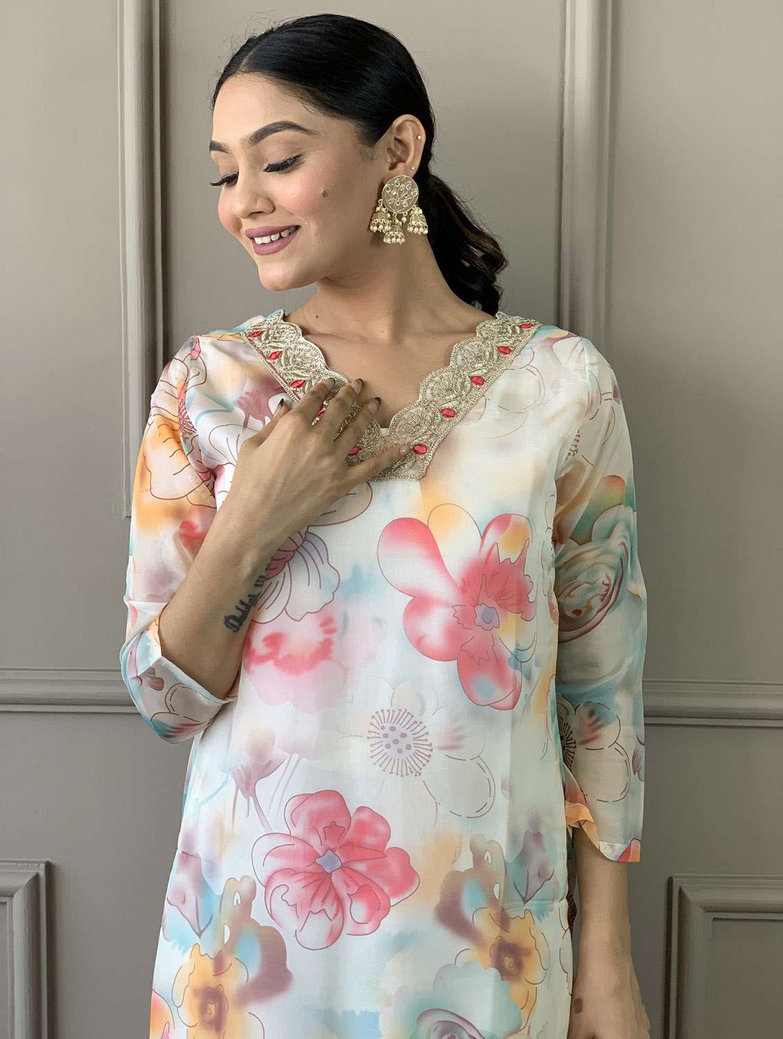 off white organza straight kurta - 21255757 - Standard Image - 8