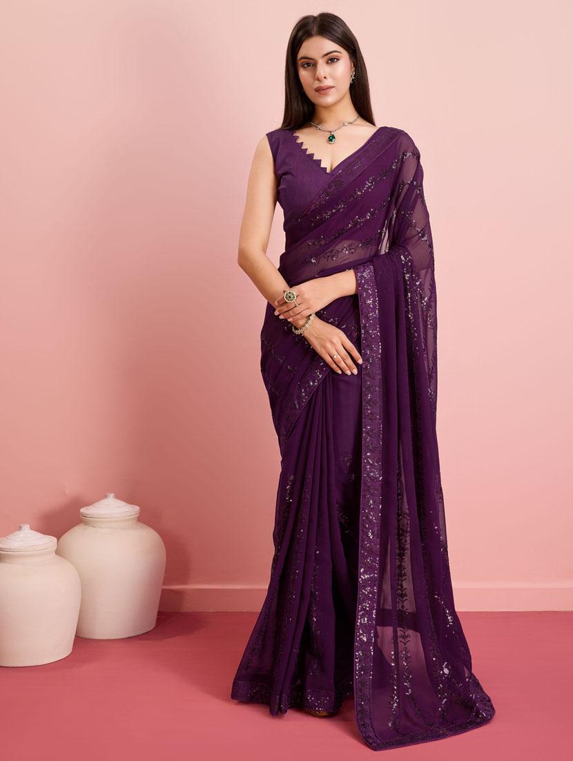 purple sequin embroidered saree with blouse - 21257513 -  Zoom Image - 0