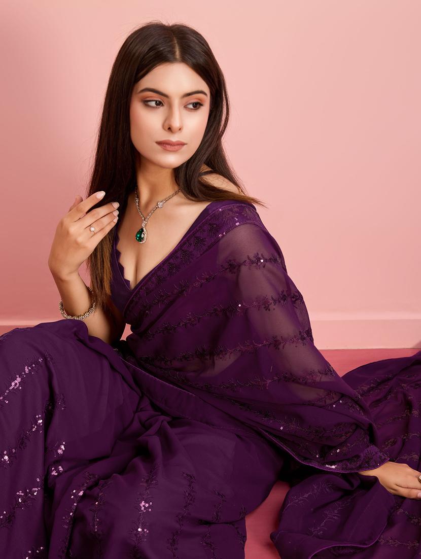 purple sequin embroidered saree with blouse - 21257513 - Standard Image - 3