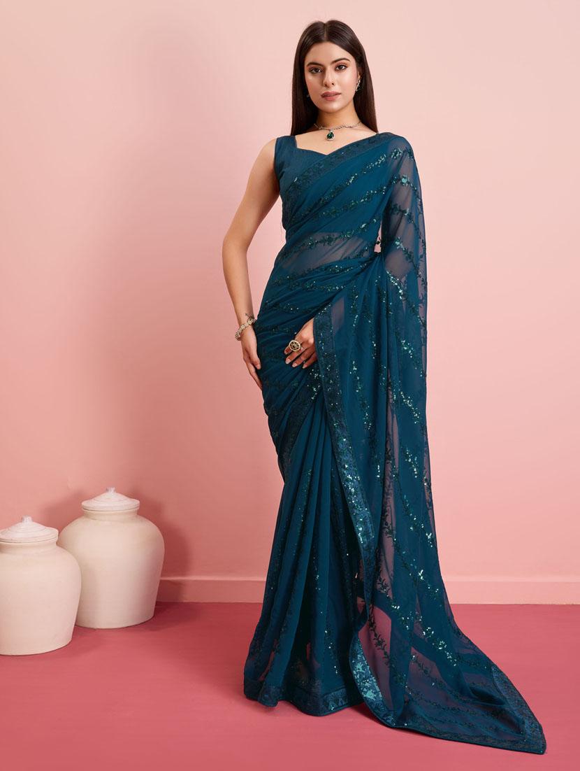 teal sequin embroidered saree with blouse - 21257515 -  Zoom Image - 0