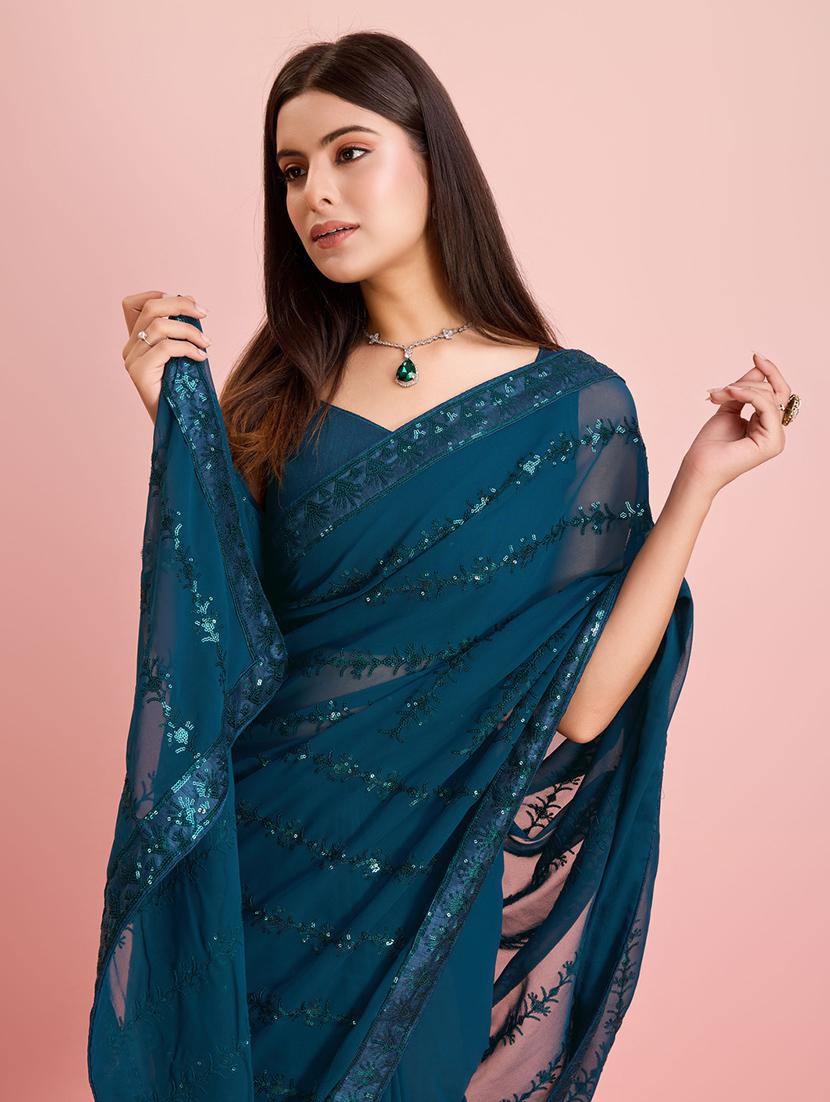 teal sequin embroidered saree with blouse - 21257515 - Standard Image - 3