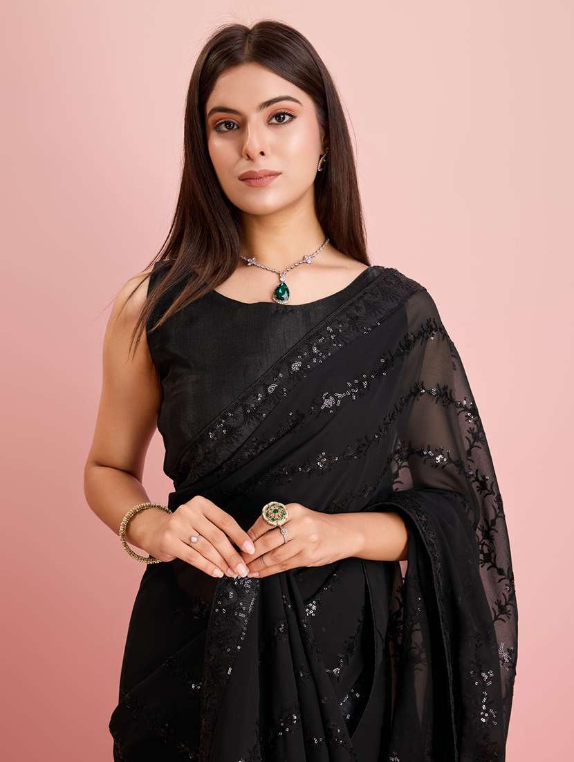 black georgette embroidered saree with blouse - 21257516 -  Standard Image - 3