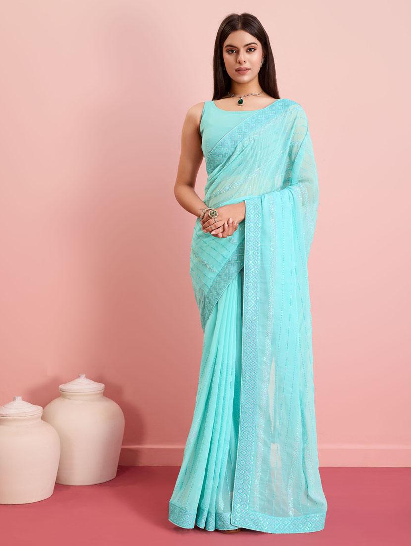 light blue georgette embroidered saree with blouse - 21257526 - Zoom Image - 0