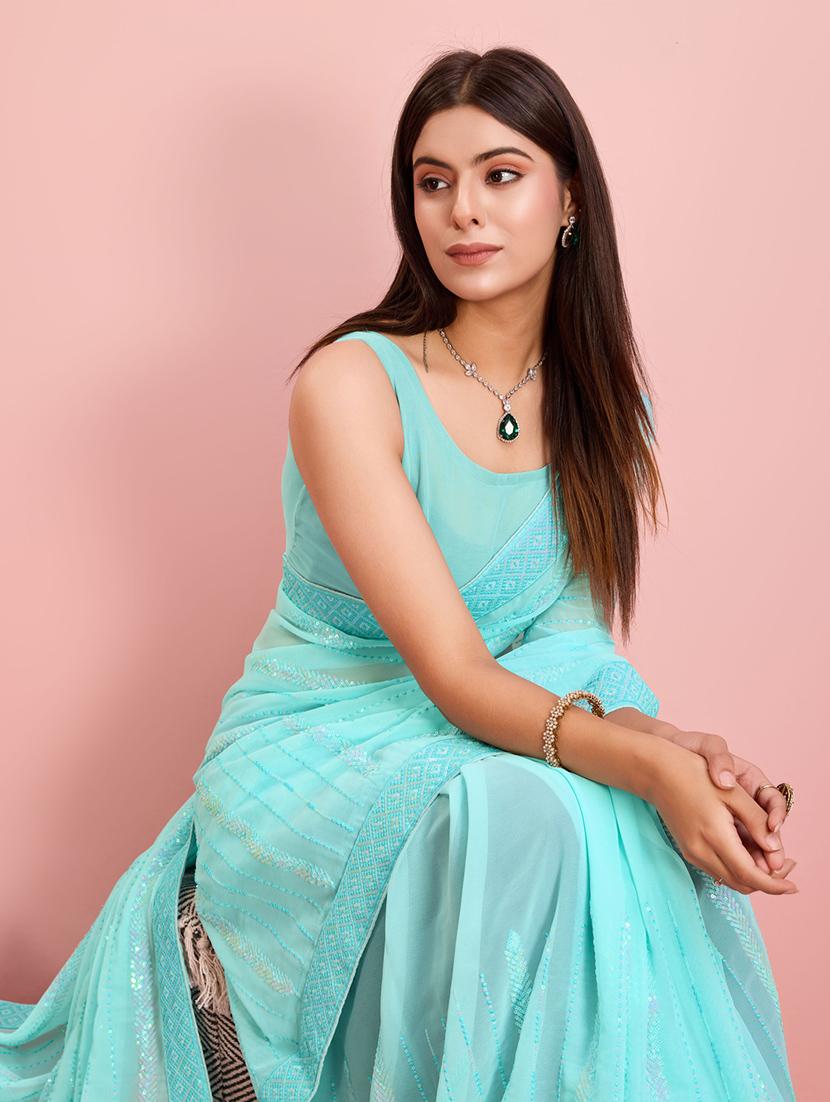 light blue georgette embroidered saree with blouse - 21257526 - Standard Image - 3