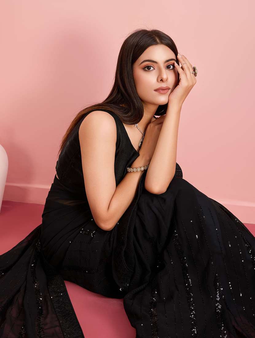 black georgette embroidered saree with blouse - 21257529 -  Standard Image - 3