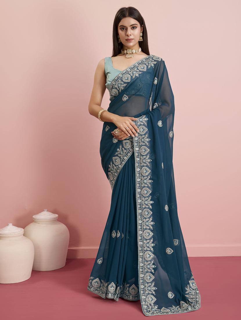 teal georgette embroidered saree with blouse - 21257534 -  Zoom Image - 0