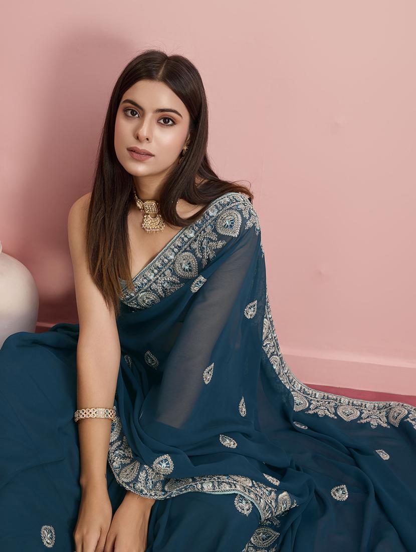 teal georgette embroidered saree with blouse - 21257534 - Standard Image - 3