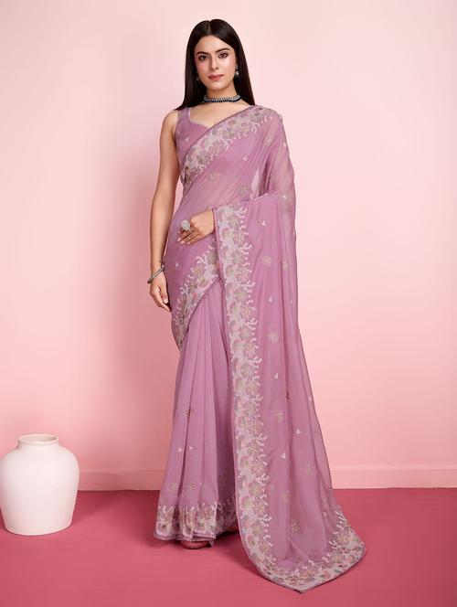 mauve organza embroidered saree with blouse - 21257537 - Standard Image - 0