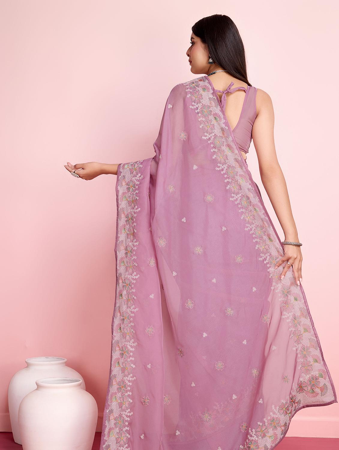 mauve organza embroidered saree with blouse - 21257537 - Standard Image - 3