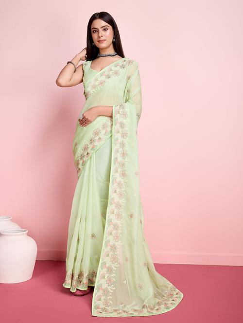 neon organza embroidered saree with blouse - 21257538 -  Standard Image - 0