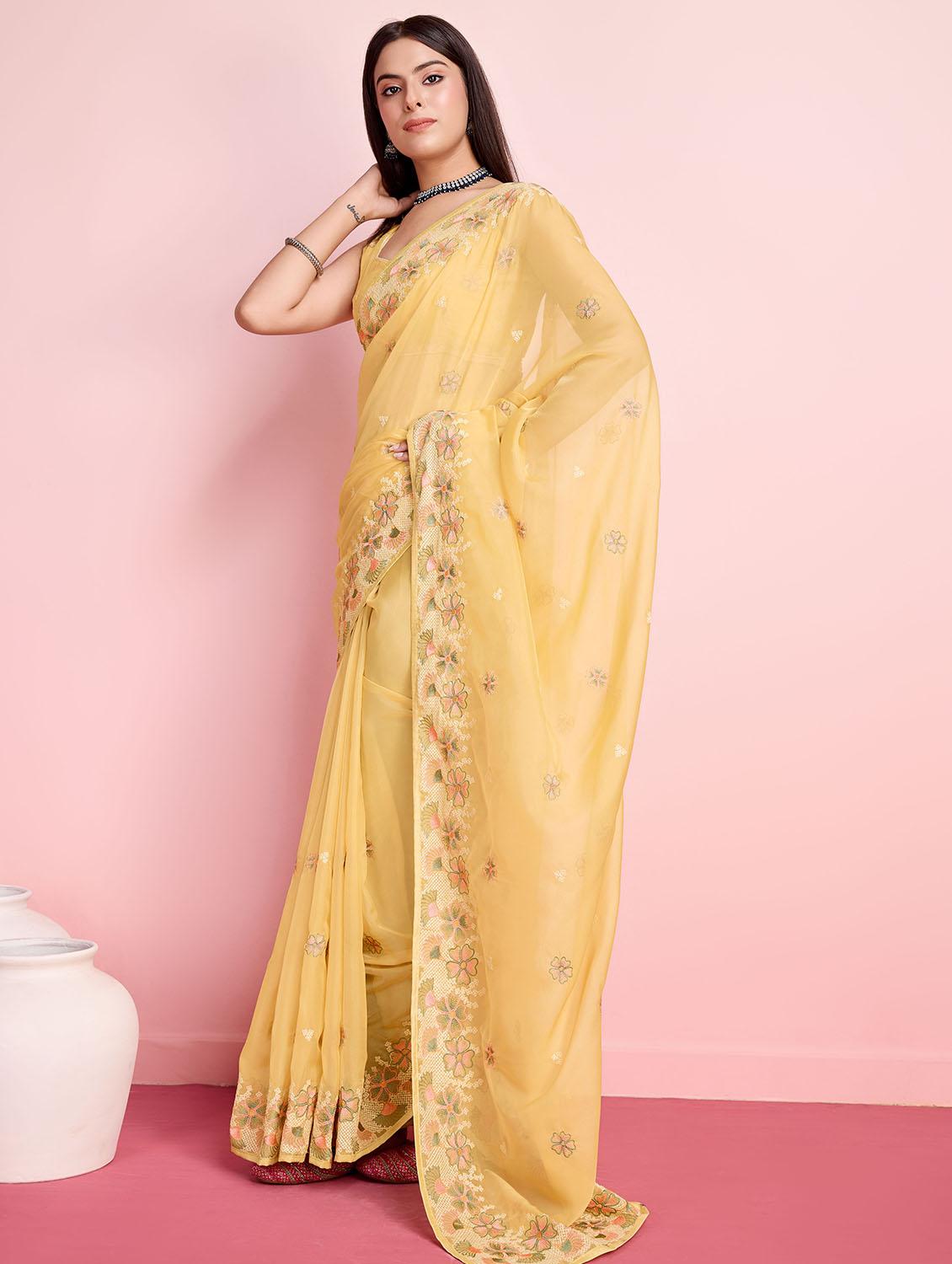 yellow organza embroidered saree with blouse - 21257539 - Zoom Image - 0