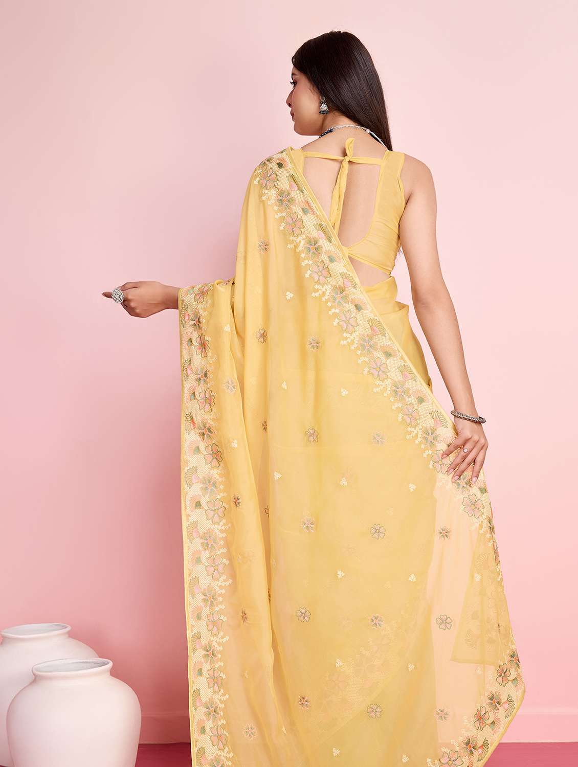 yellow organza embroidered saree with blouse - 21257539 - Standard Image - 3