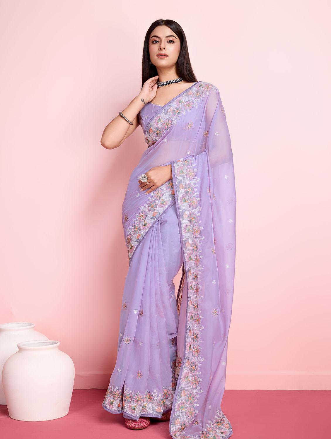 lavender organza embroidered saree with blouse - 21257540 -  Zoom Image - 0
